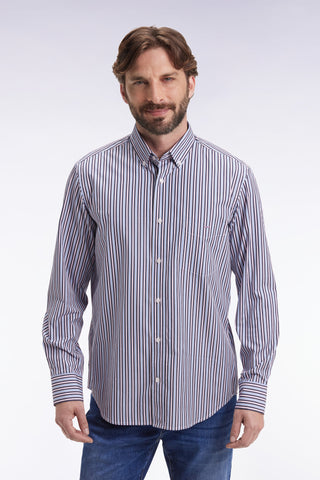 Navy cotton shirt with contrasting stripes, straight cut