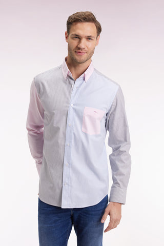Three-color striped cotton twill shirt, straight cut