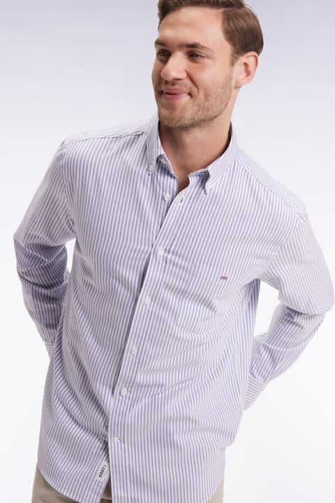 Chemise en popeline de coton rayée bleue coupe droite - Image 3