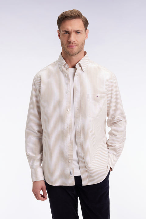 Chemise en popeline de coton rayée beige coupe droite - Image 1