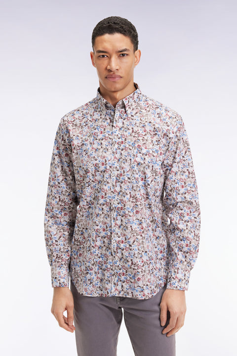 Chemise à micro-motifs fleurs en coton marron coupe droite - Image 1