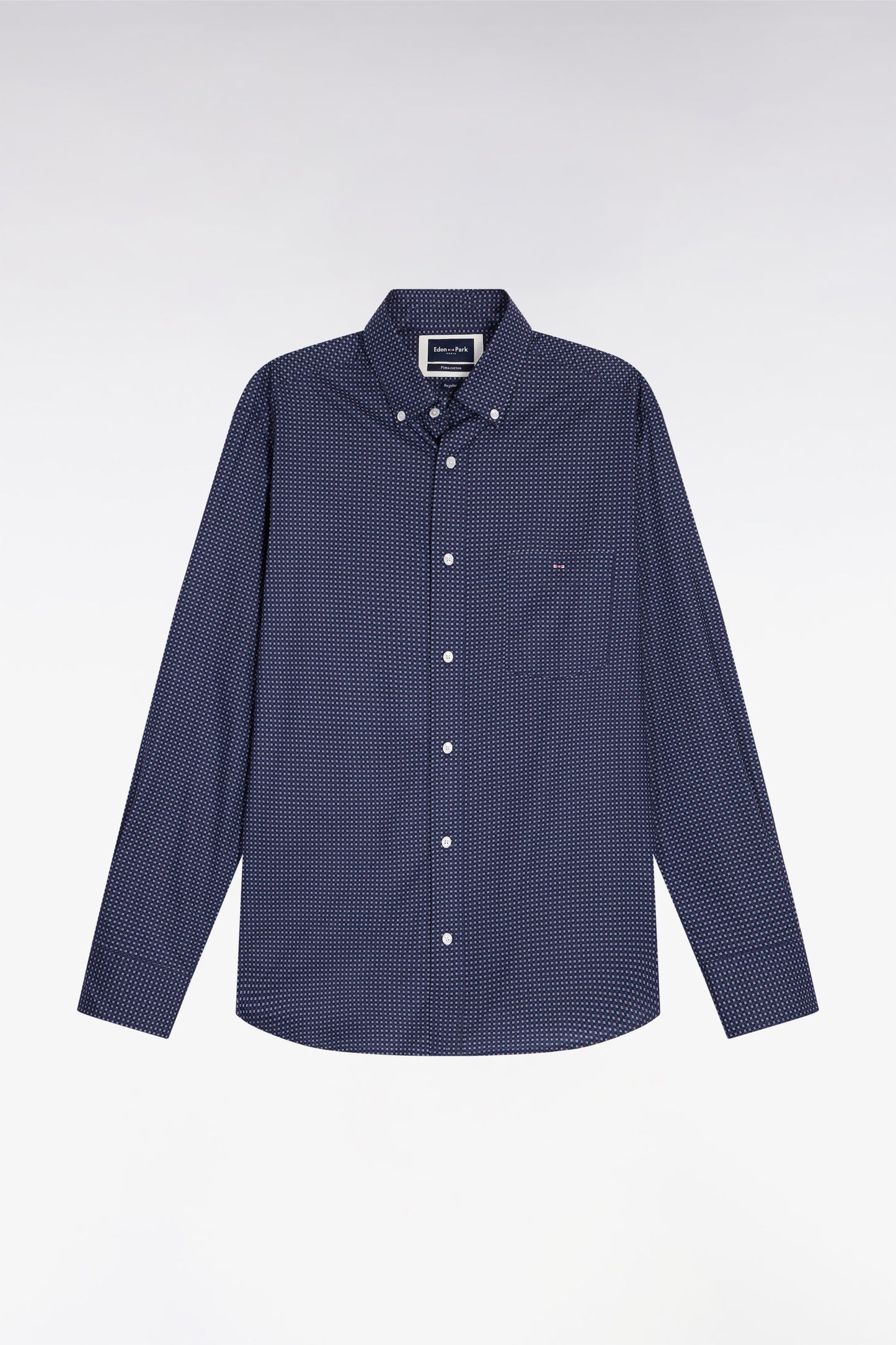 Navy Pima cotton shirt with micro-patterned bow tie, straight cut