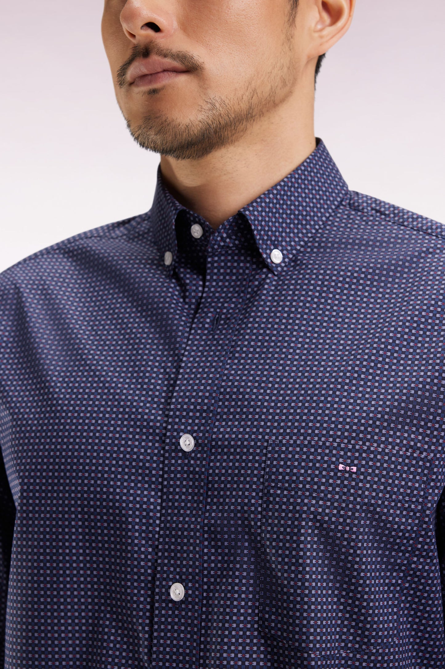 Navy Pima cotton shirt with micro-patterned bow tie, straight cut