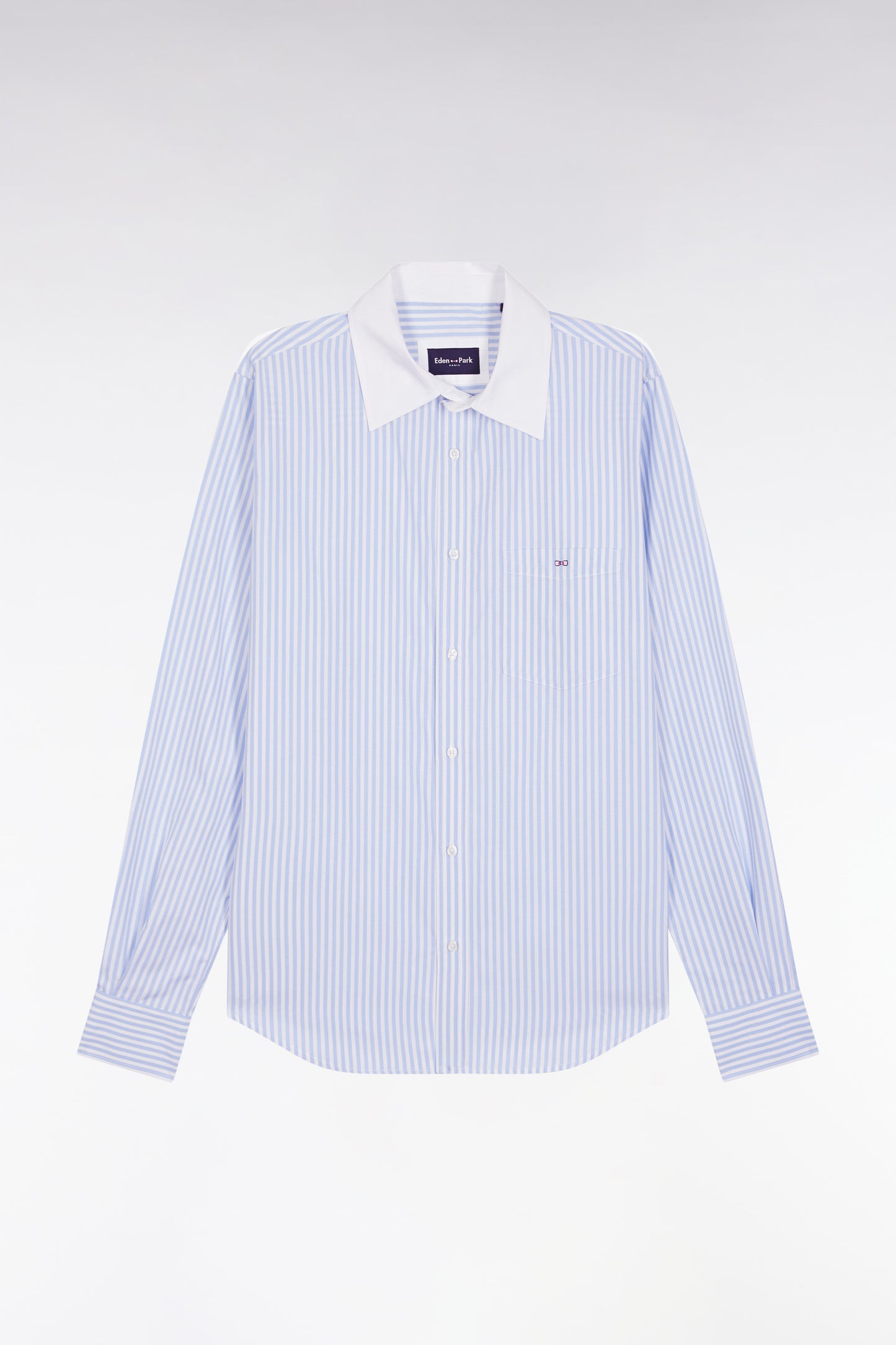 Chemise en popeline de coton rayée ciel et blanche coupe slim