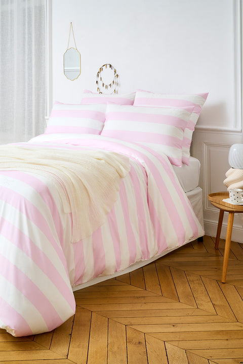Comforter cover in white cotton percale with pink stripes - Image 1