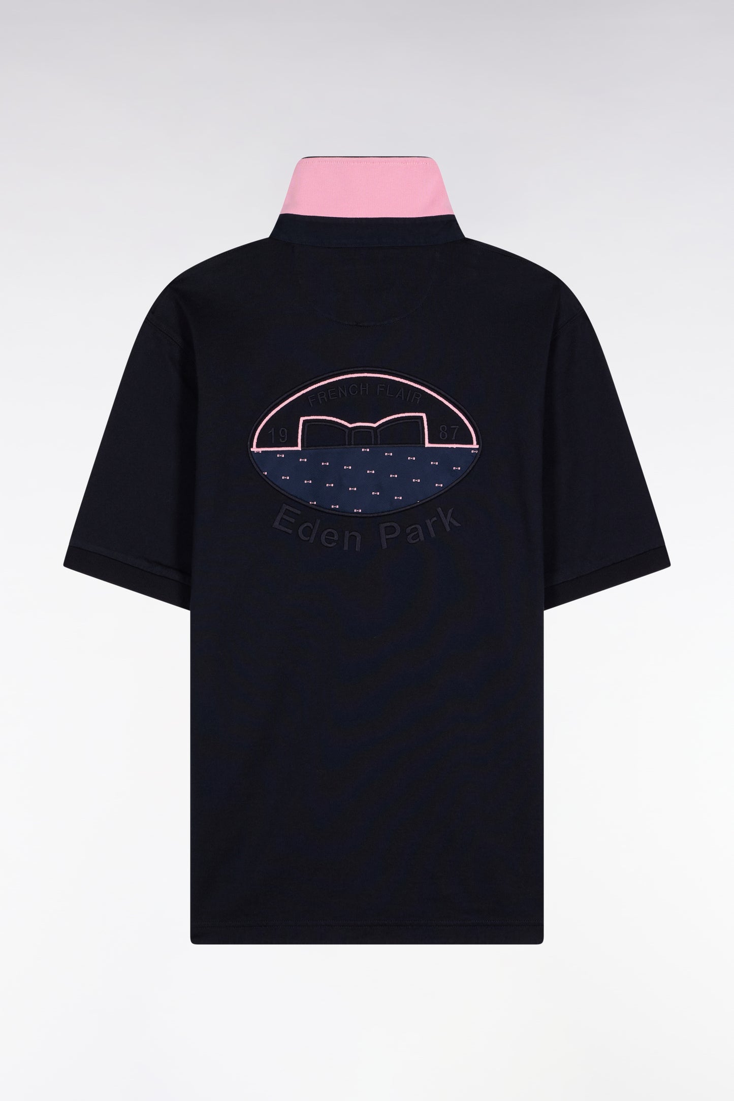 Pink and navy striped cotton short-sleeved jersey