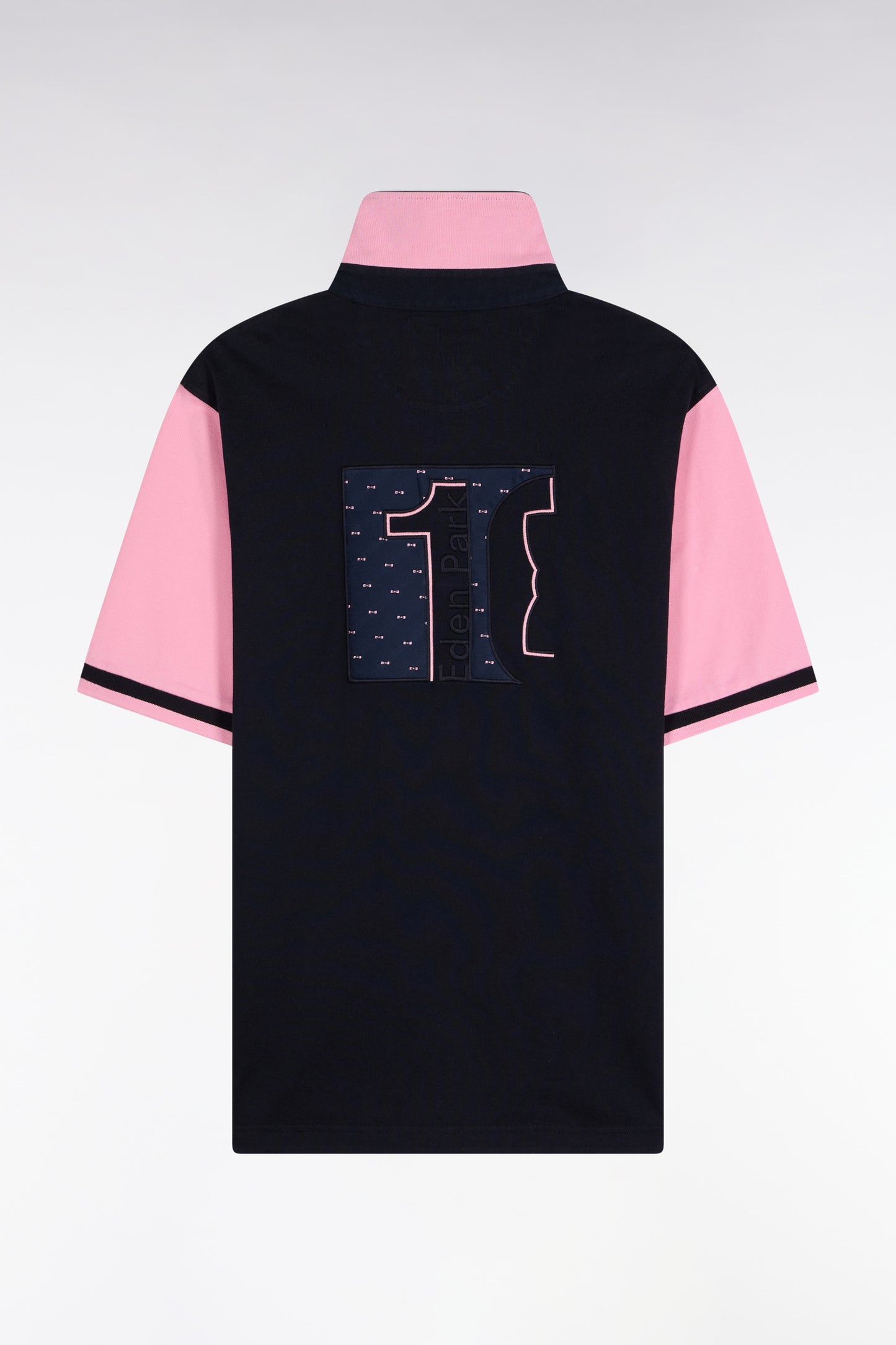 Short-sleeved jersey in navy cotton with pink sleeves