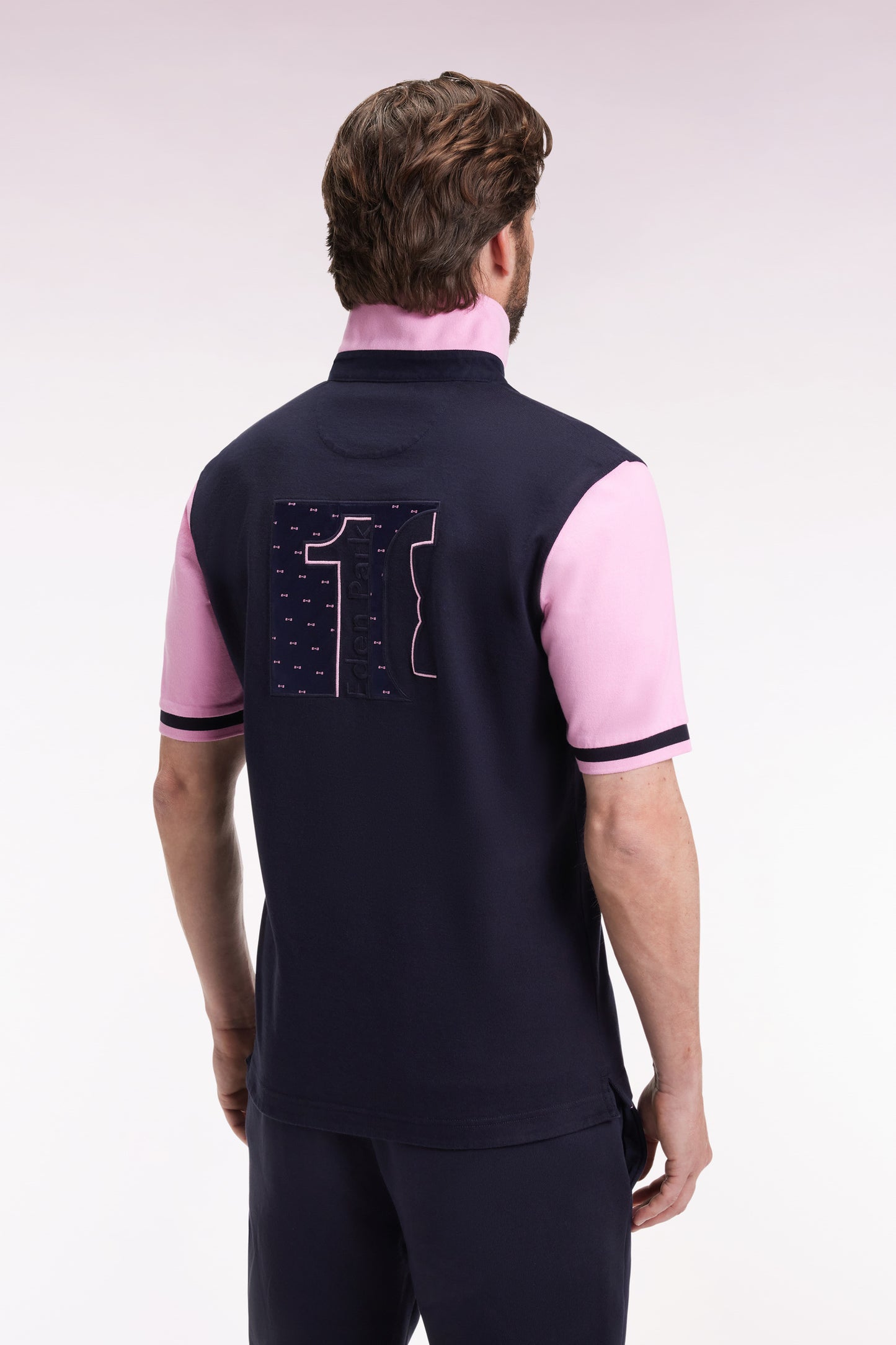 Short-sleeved jersey in navy cotton with pink sleeves