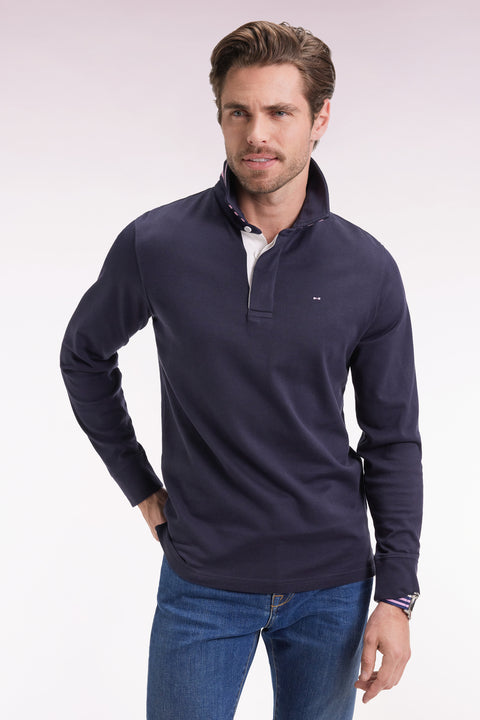 Long-sleeved navy jersey jersey with striped under collar - Image 1