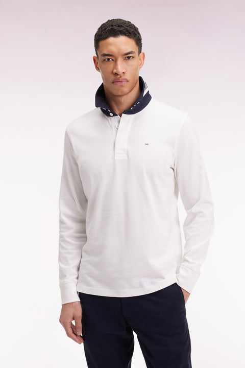 Long-sleeved white jersey jersey with striped under collar - Image 1