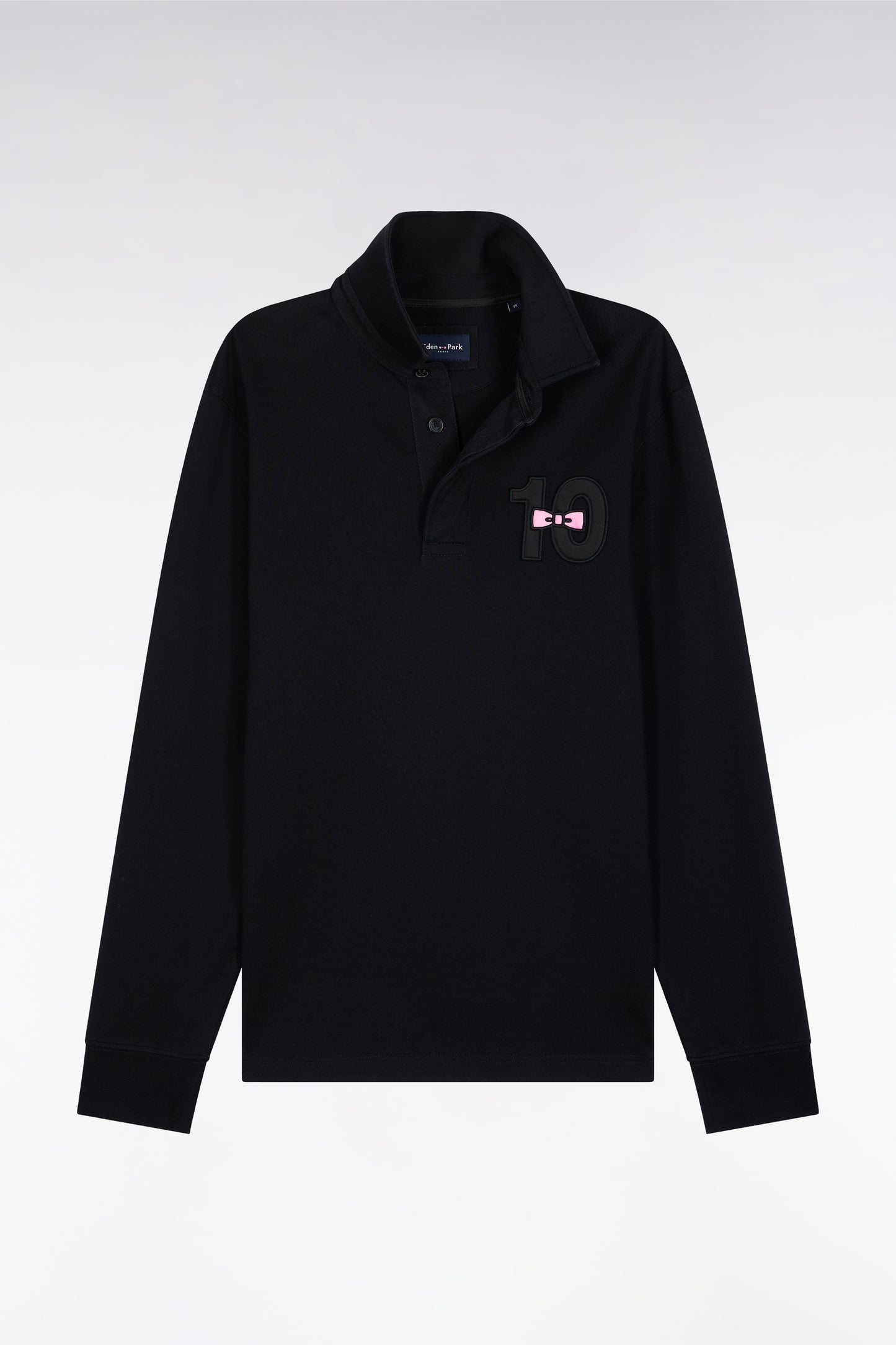 Long-sleeved jersey in thick black embroidered cotton jersey, straight cut