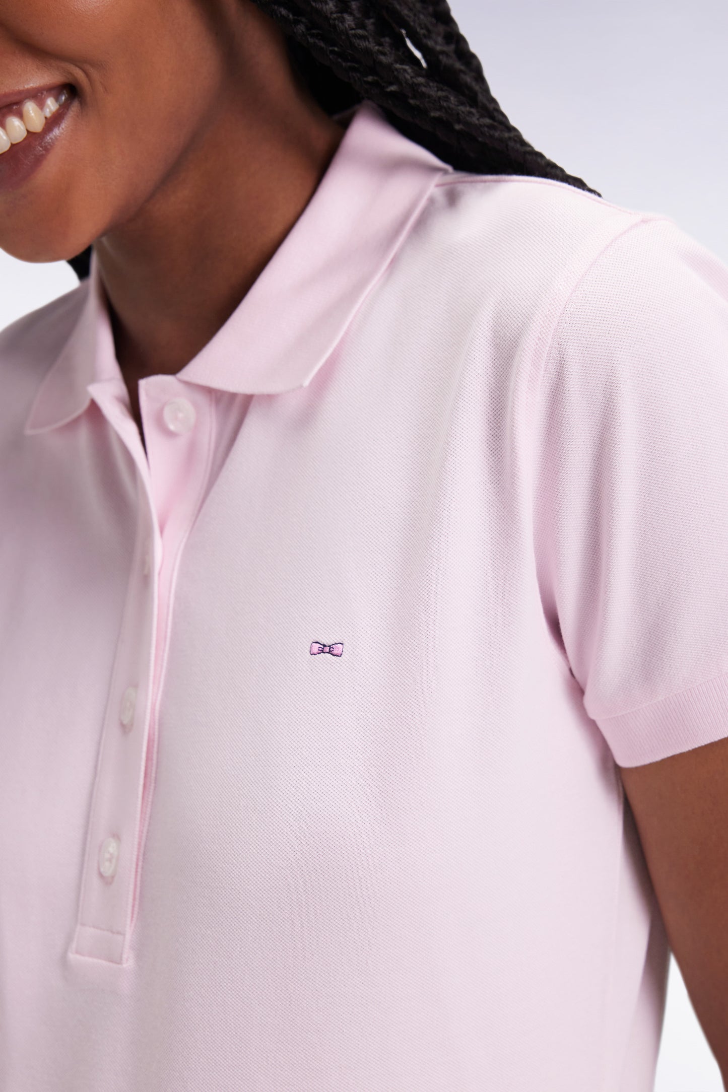 Short-sleeved polo shirt in pink stretch cotton, slim fit