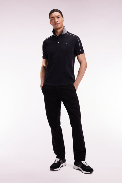 Short-sleeved polo shirt in black cotton piqué with colored piping - Image 3