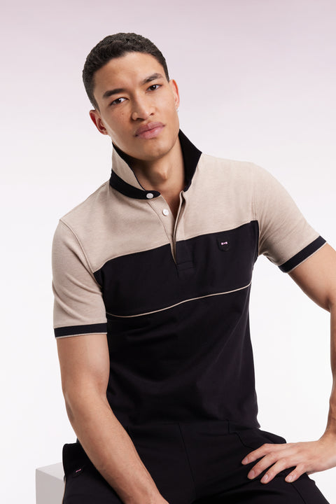 Two-tone short-sleeved polo shirt in black stretch cotton piqué, slim fit - Image 3