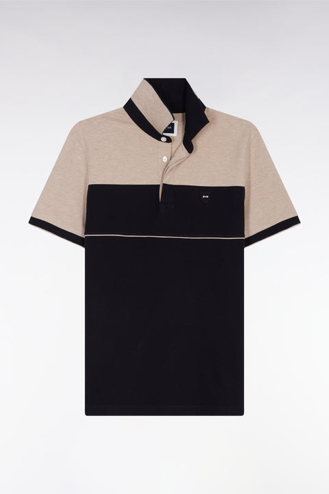 Two-tone short-sleeved polo shirt in black stretch cotton piqué, slim fit - Image 2