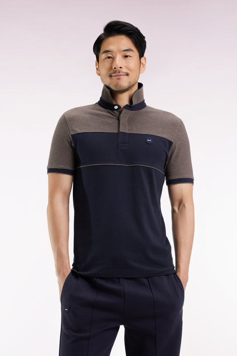Polo bicolore manches courtes en piqué coton stretch marine coupe slim - Image 1