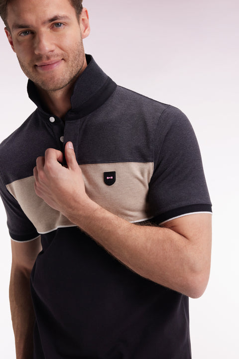Polo tricolore manches courtes en piqué coton stretch gris coupe slim - Image 3