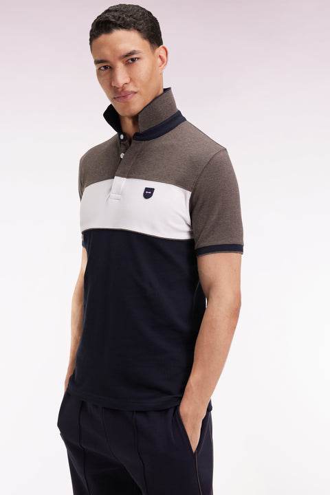 Polo tricolore manches courtes en piqué coton stretch marron coupe slim - Image 3