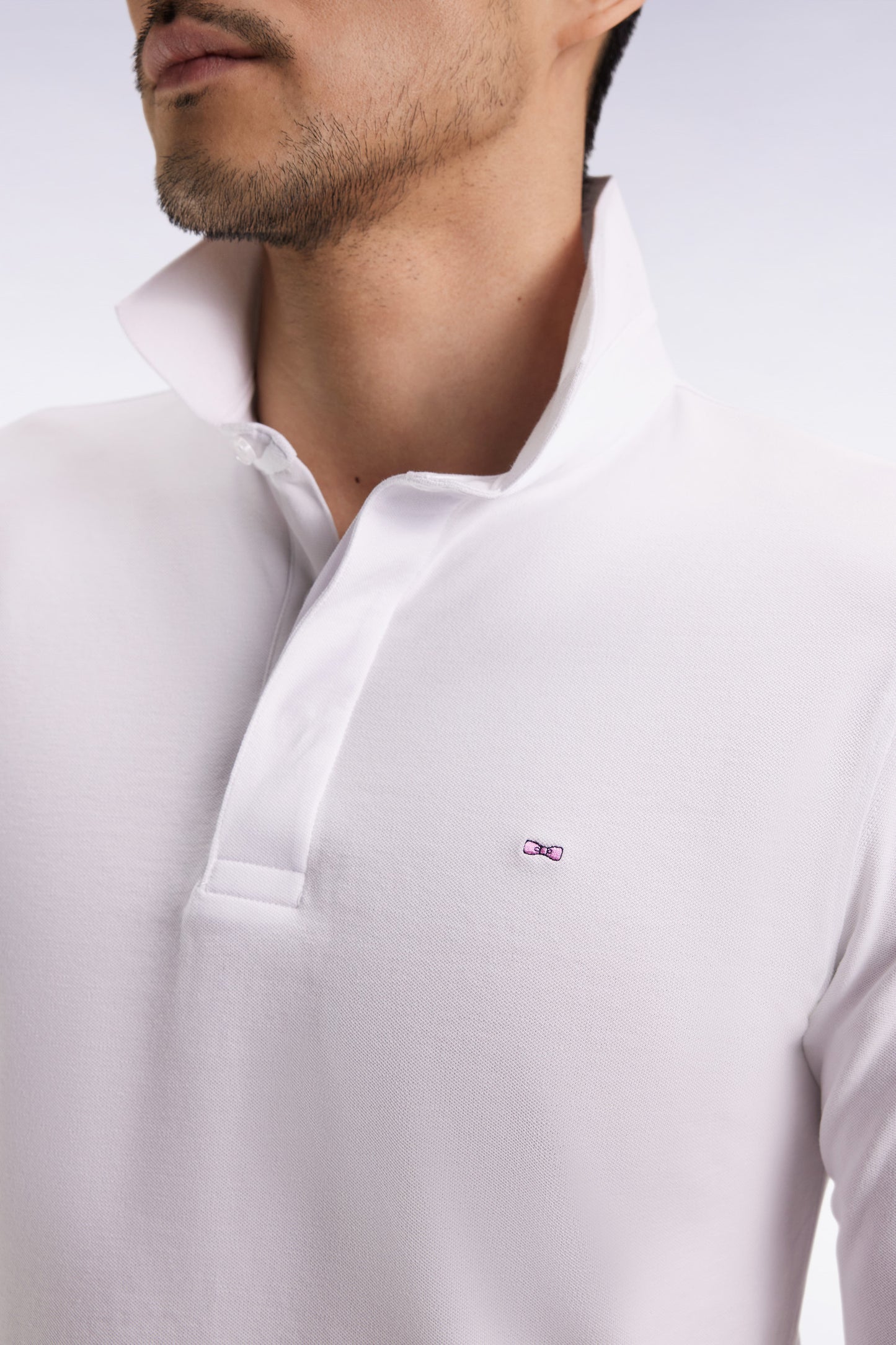 Long-sleeved polo shirt in white stretch cotton, slim fit