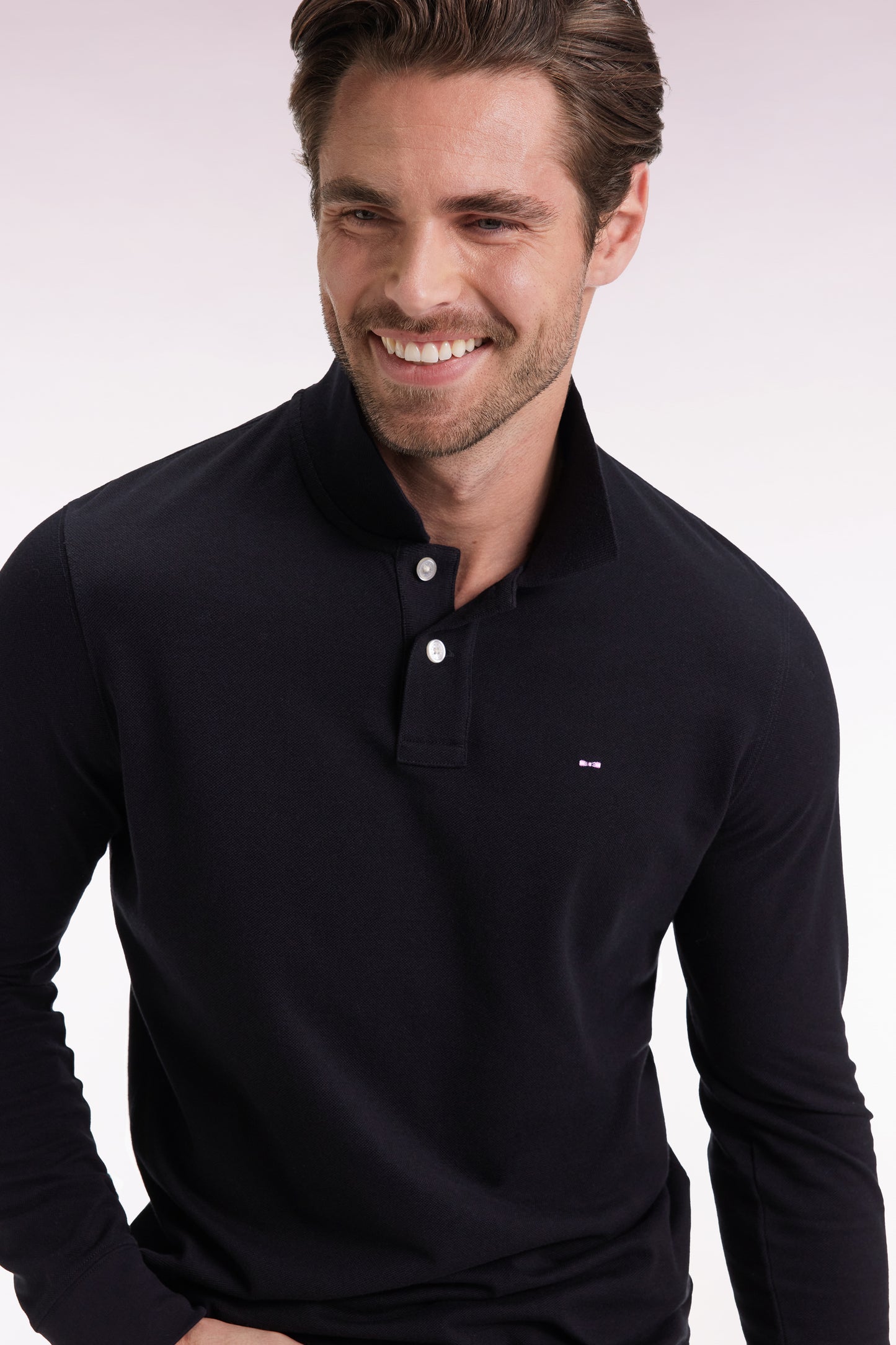 Long-sleeved polo shirt in black Pima cotton, straight cut