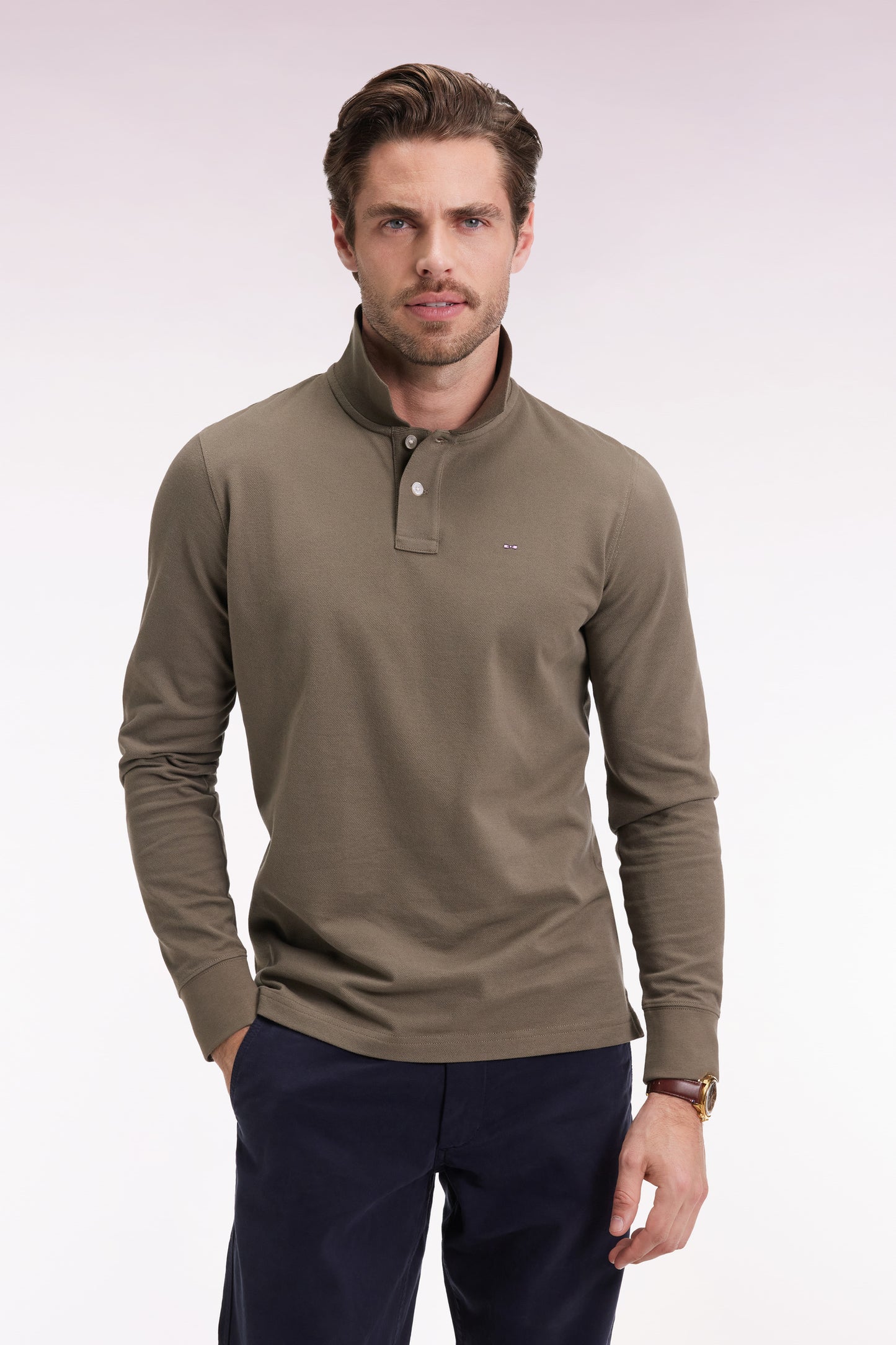 Long-sleeved polo shirt in khaki Pima cotton, straight cut