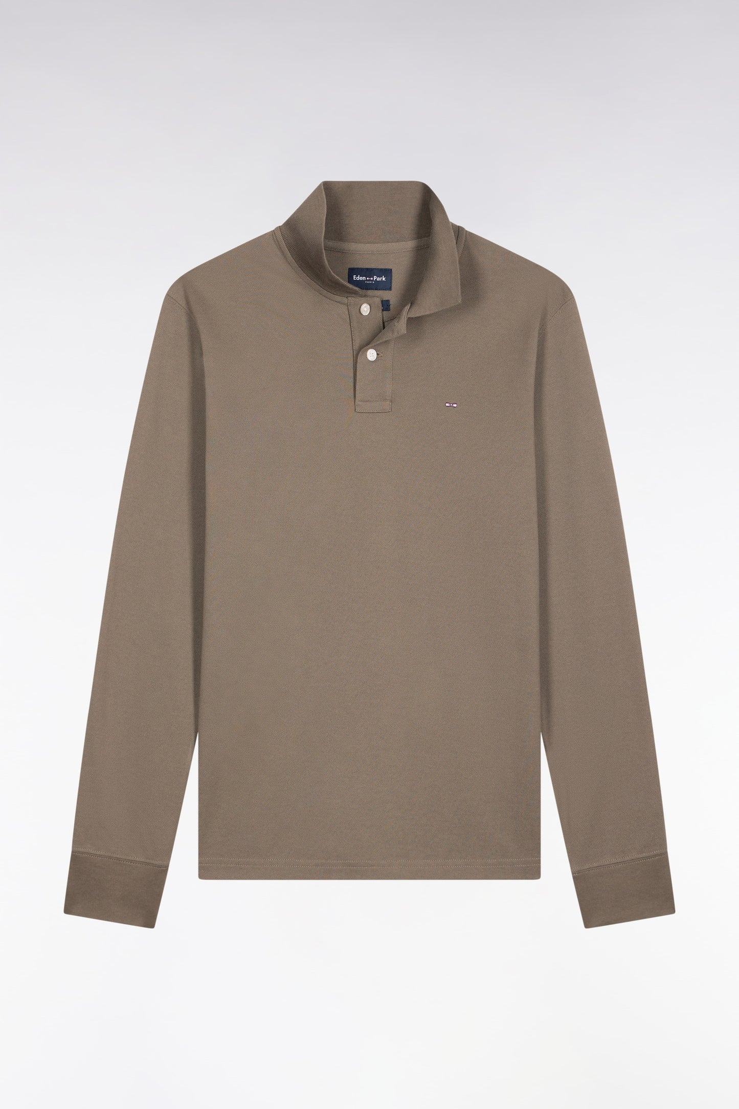 Long-sleeved polo shirt in khaki Pima cotton, straight cut