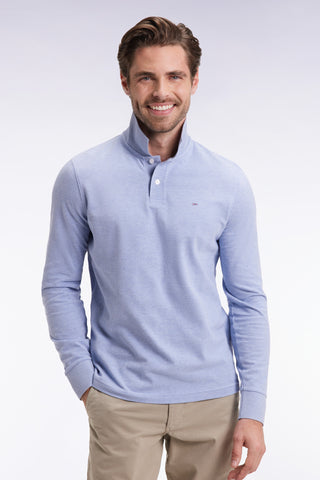 Long-sleeved polo shirt in sky-blue mottled cotton, straight cut