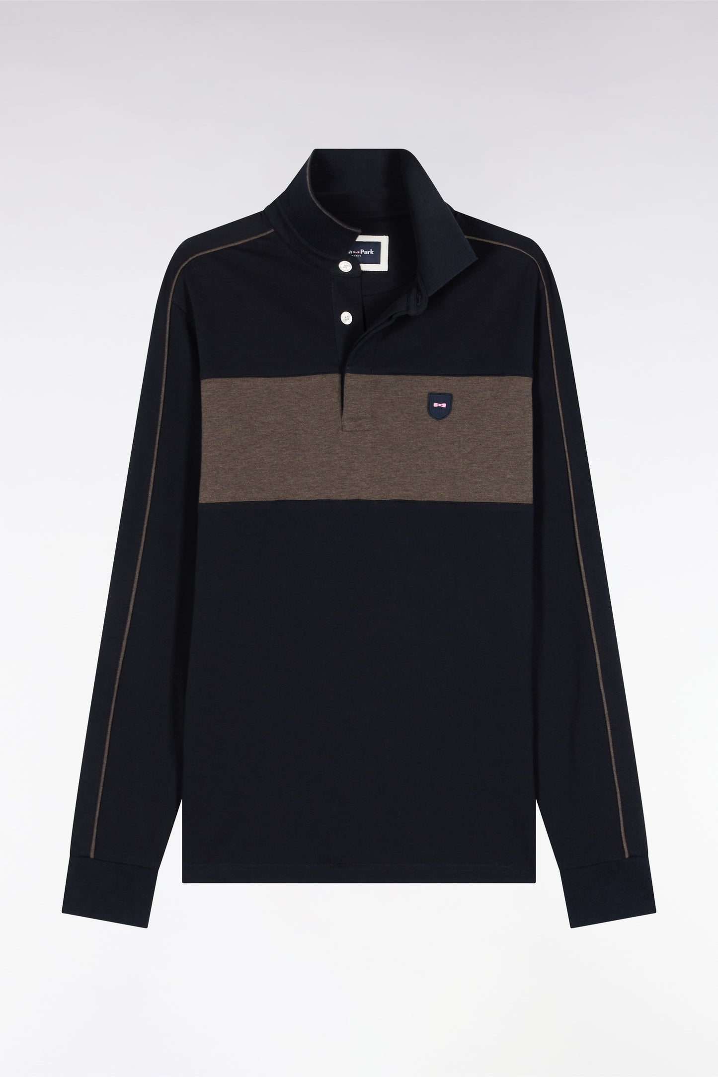 Polo tricolore à manches longues en coton stretch marine coupe slim