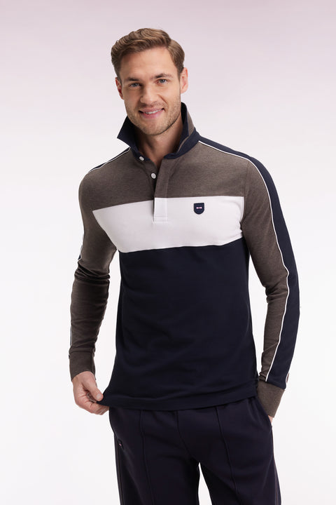 Polo tricolore à manches longues en coton stretch marron coupe slim - Image 1