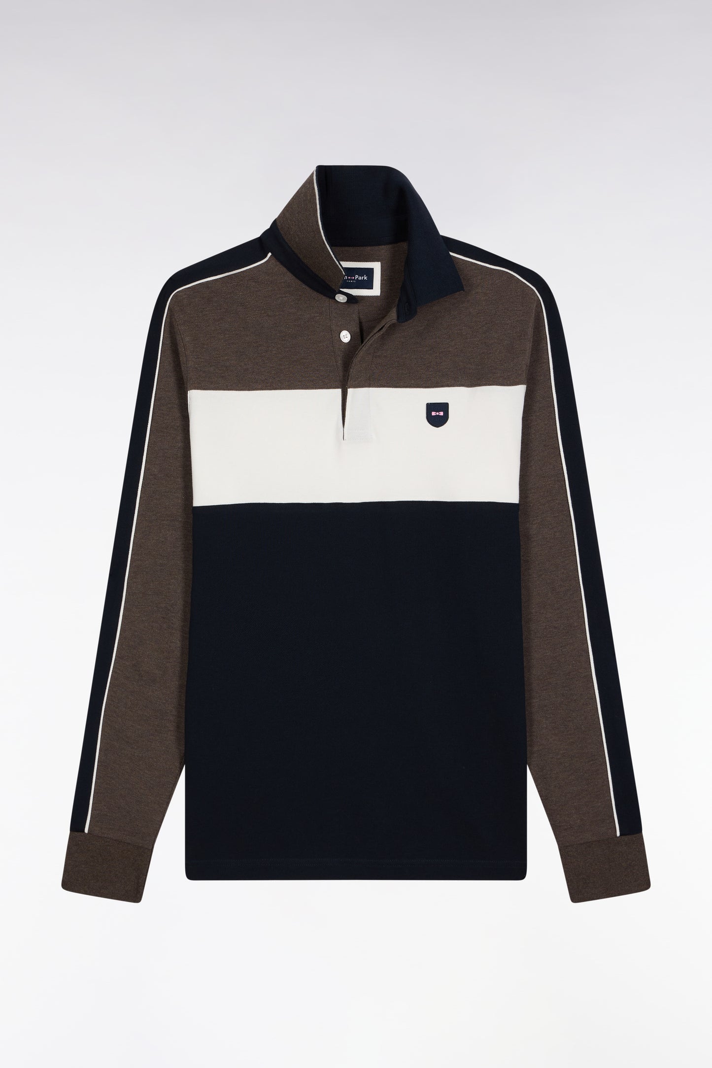 Polo tricolore à manches longues en coton stretch marron coupe slim