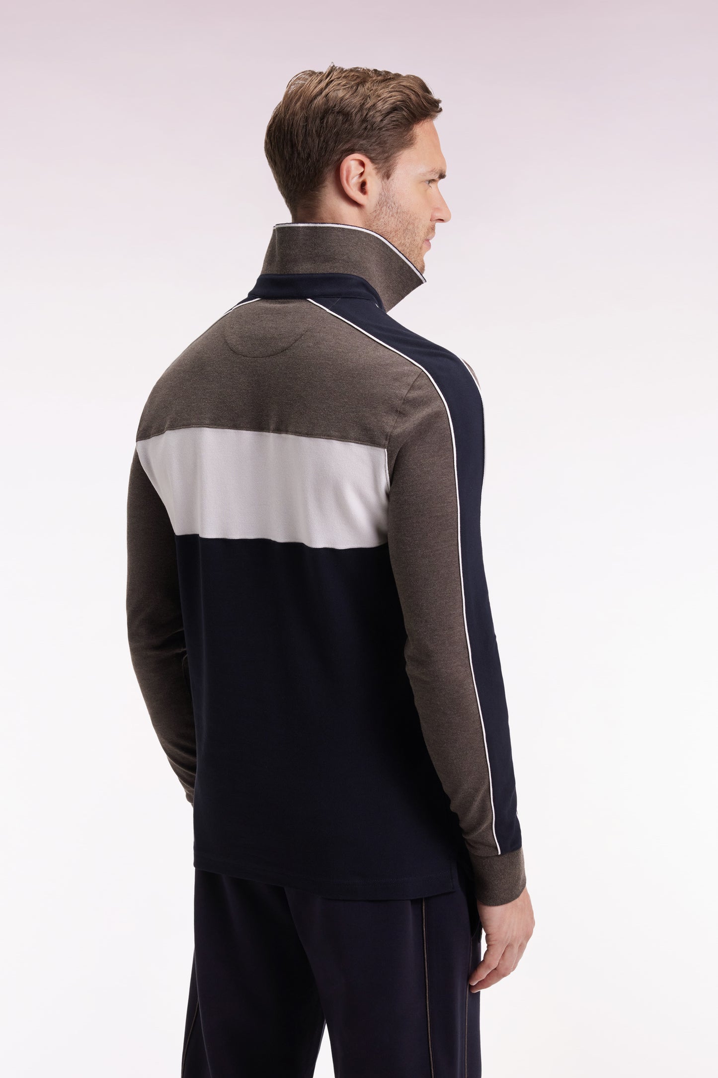 Polo tricolore à manches longues en coton stretch marron coupe slim