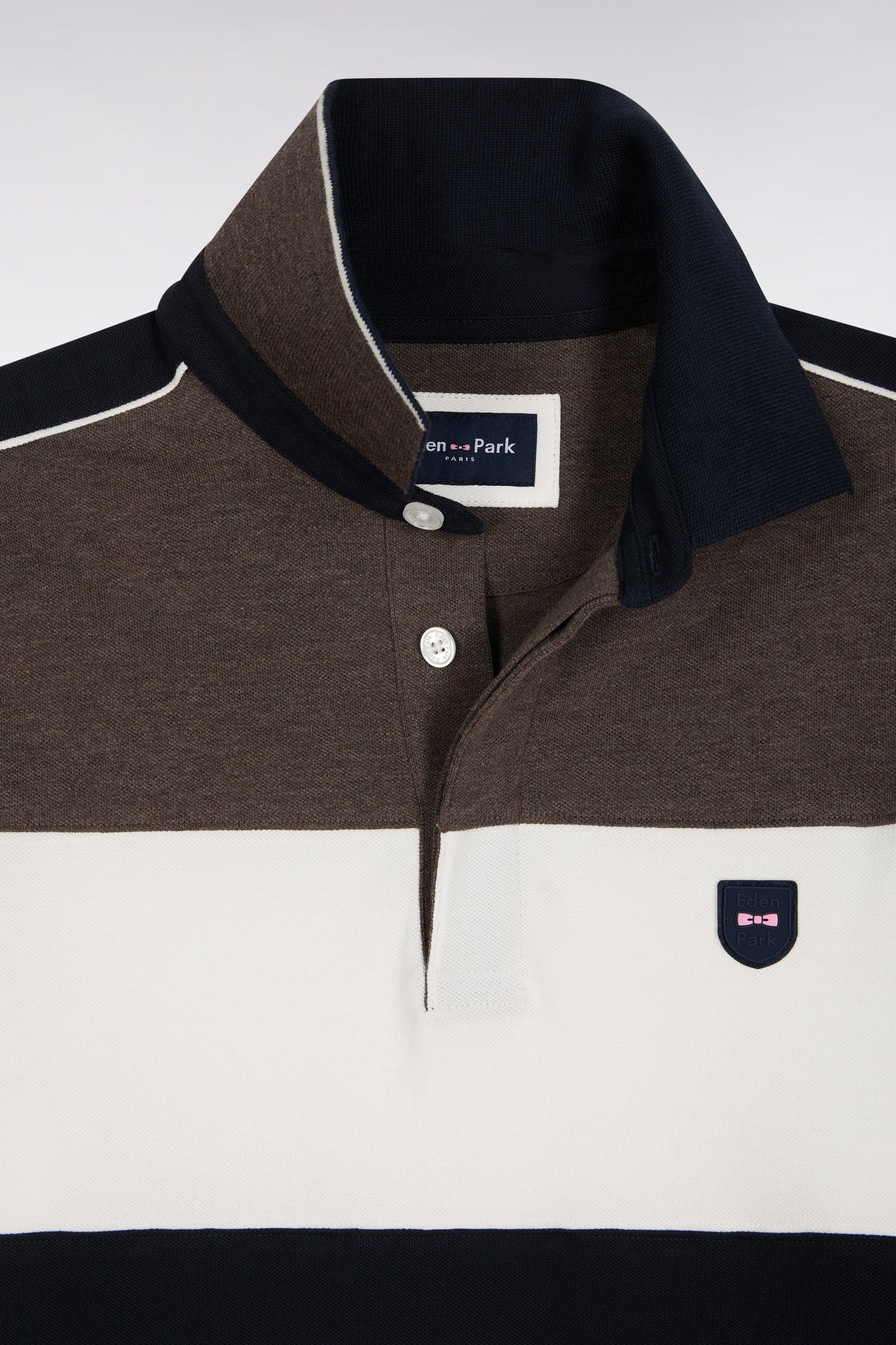 Polo tricolore à manches longues en coton stretch marron coupe slim