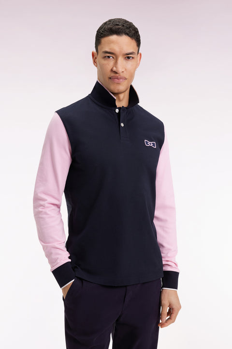 Two-tone navy and pink long-sleeved polo with bow tie - Image 1