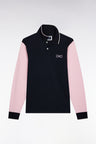 Two-tone navy and pink long-sleeved polo with bow tie