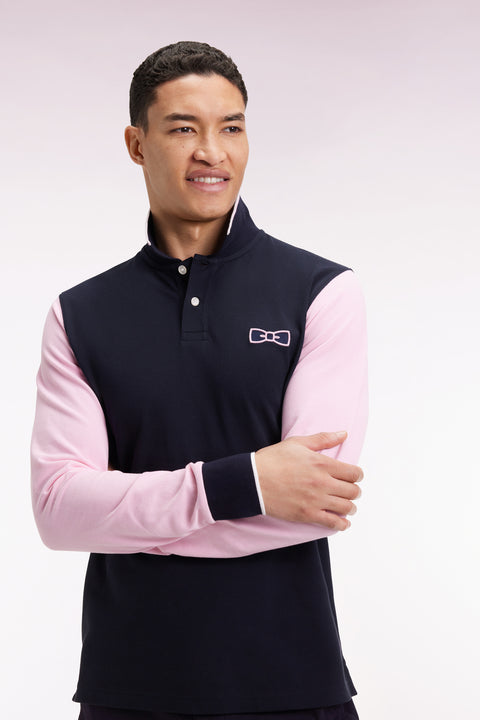 Two-tone navy and pink long-sleeved polo with bow tie - Image 3