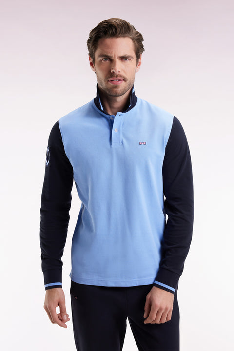 Long-sleeved polo shirt in two-tone cotton piqué with sky embroidery 10 - Image 1
