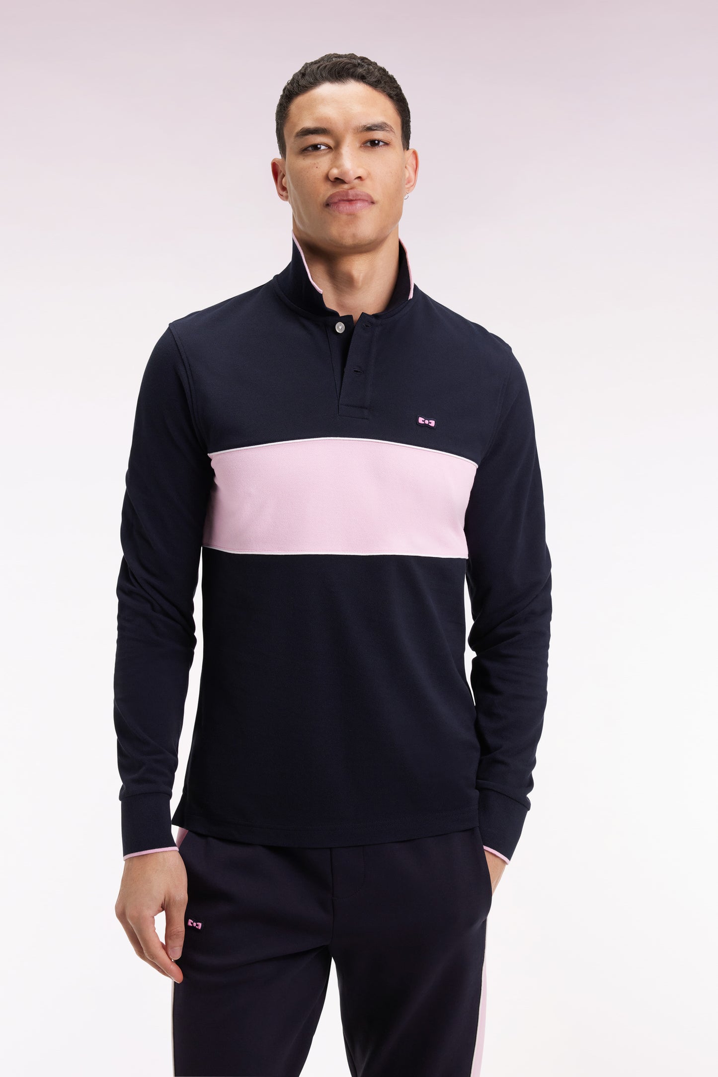 Long-sleeved polo shirt in pink stripe navy cotton piqué