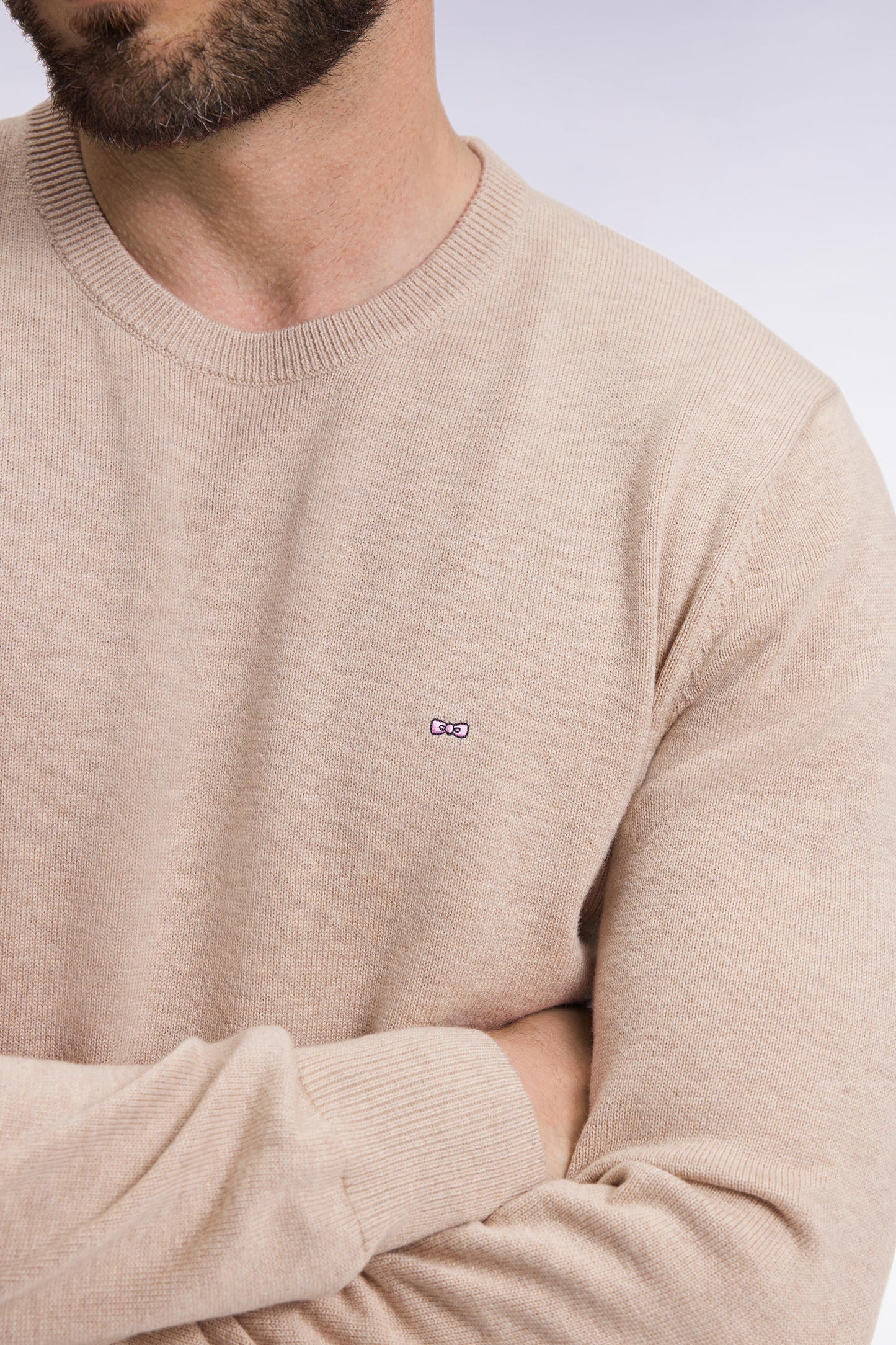 Round-neck sweater in beige wool and cotton