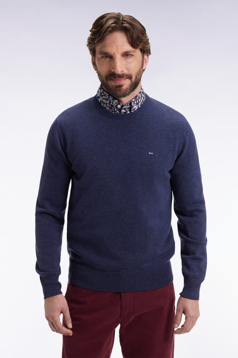 Dark blue wool and cotton round-neck sweater - Image 1