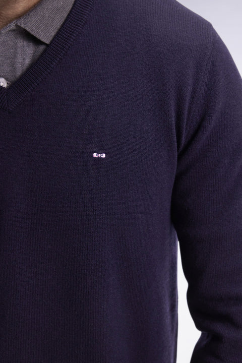 Dark blue wool and cotton V-neck sweater - Image 3