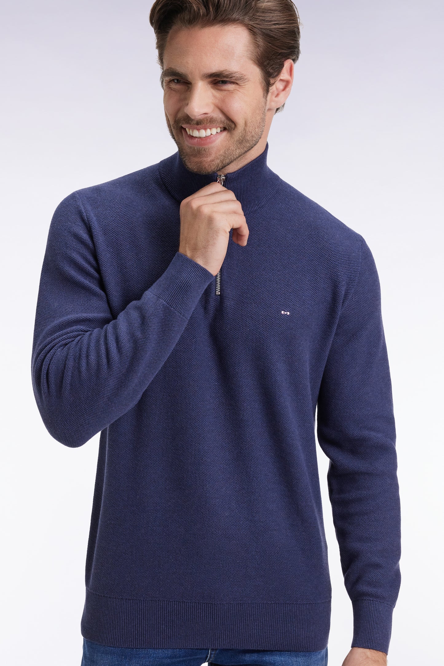 Navy cotton honeycomb trucker-neck sweater