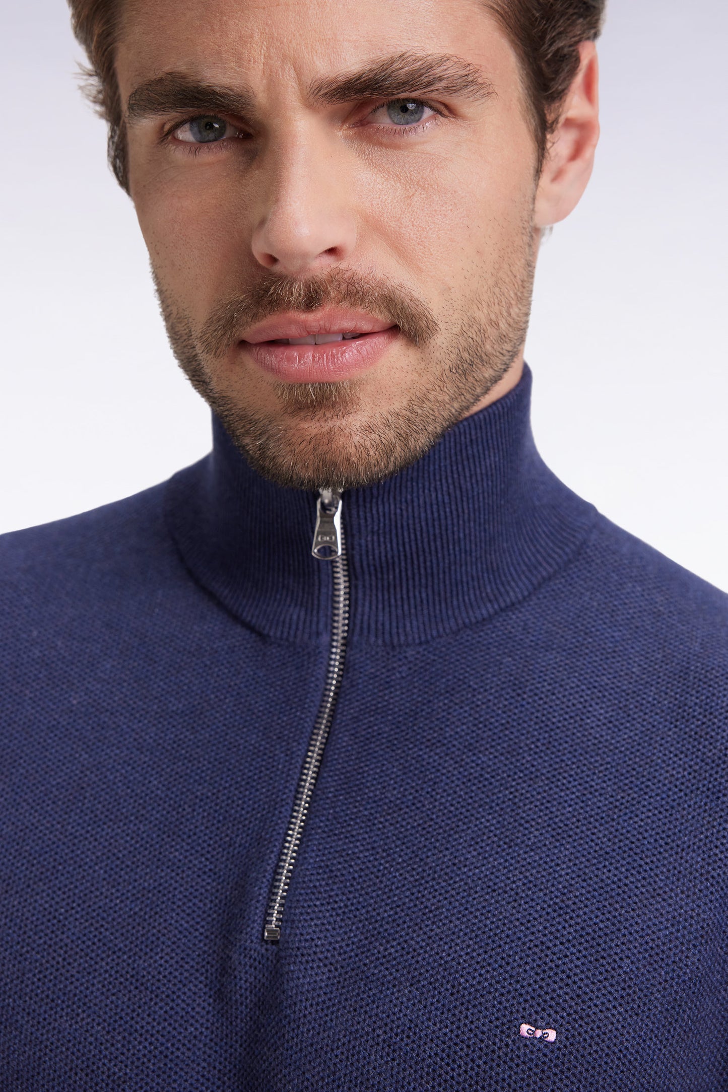 Navy cotton honeycomb trucker-neck sweater