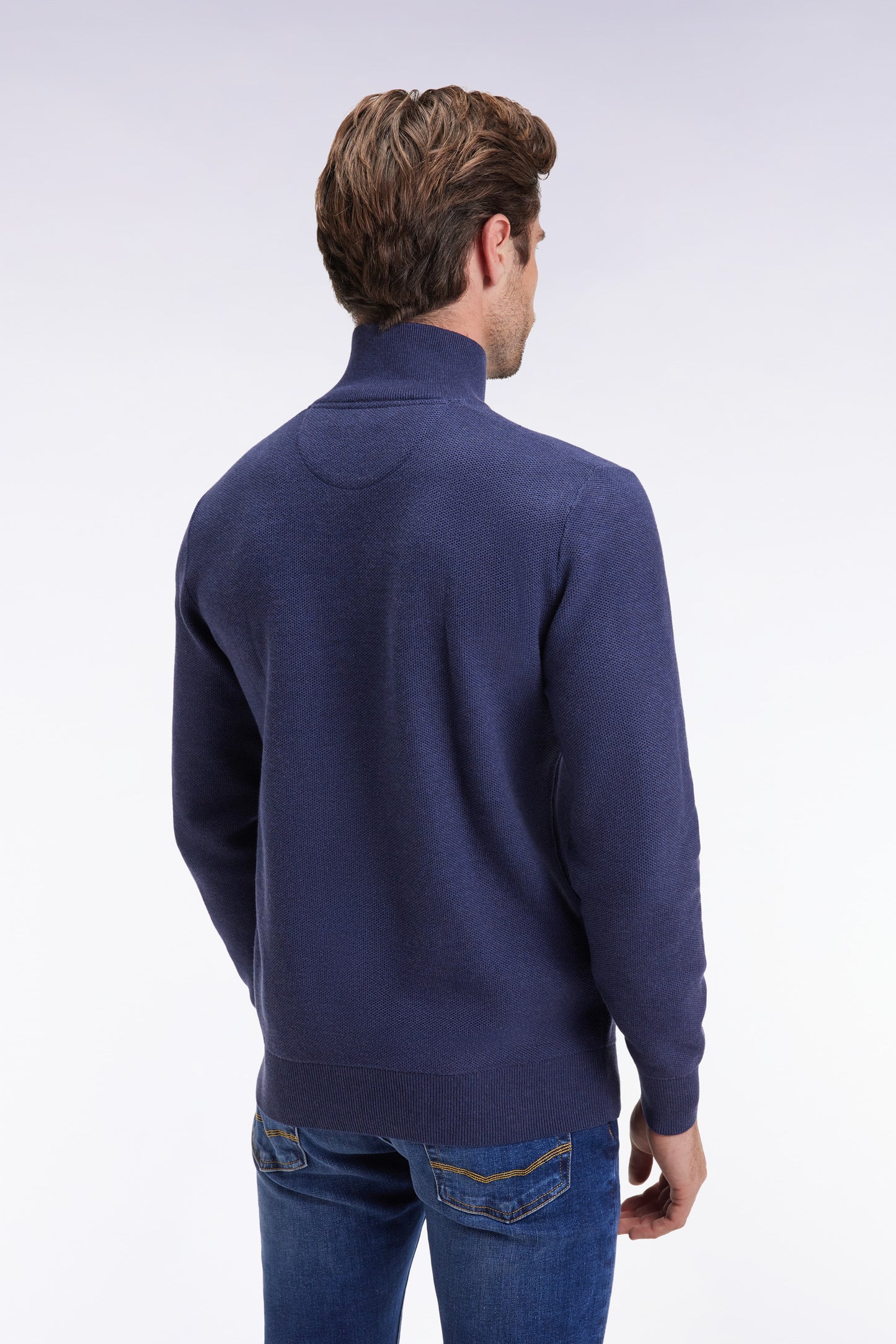 Navy cotton honeycomb trucker-neck sweater