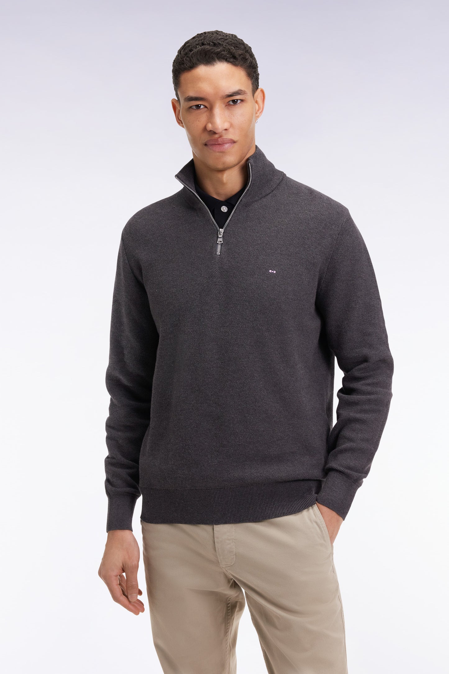 Pull col camionneur en coton nid d'abeille gris foncé