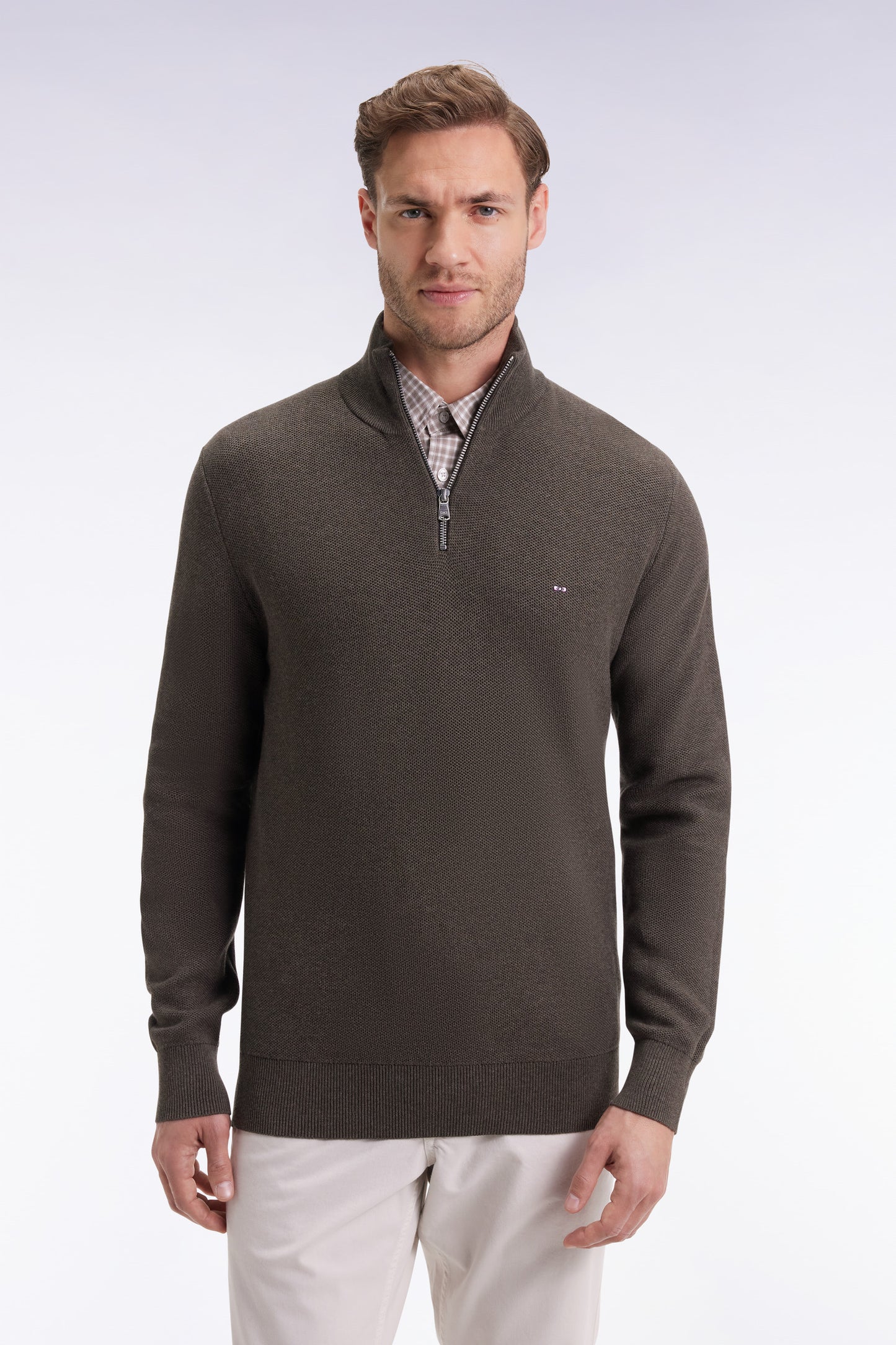 Brown cotton honeycomb trucker-neck sweater