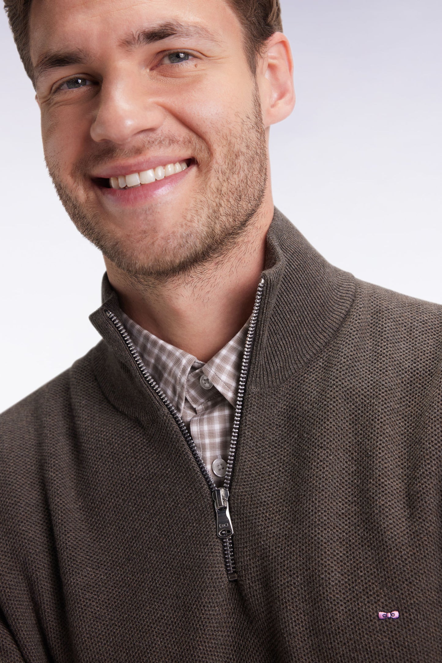 Brown cotton honeycomb trucker-neck sweater