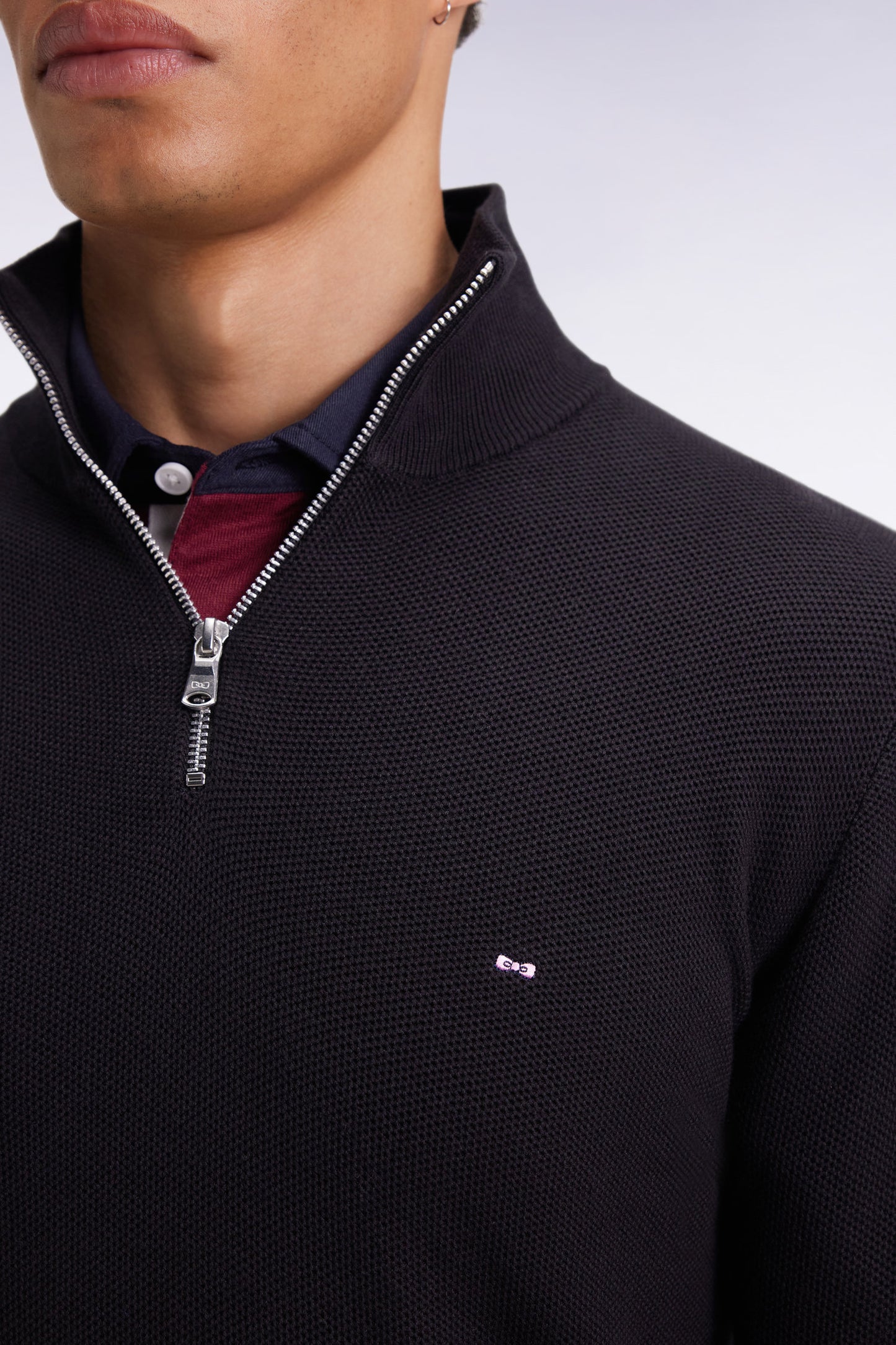 Black cotton honeycomb trucker-neck sweater