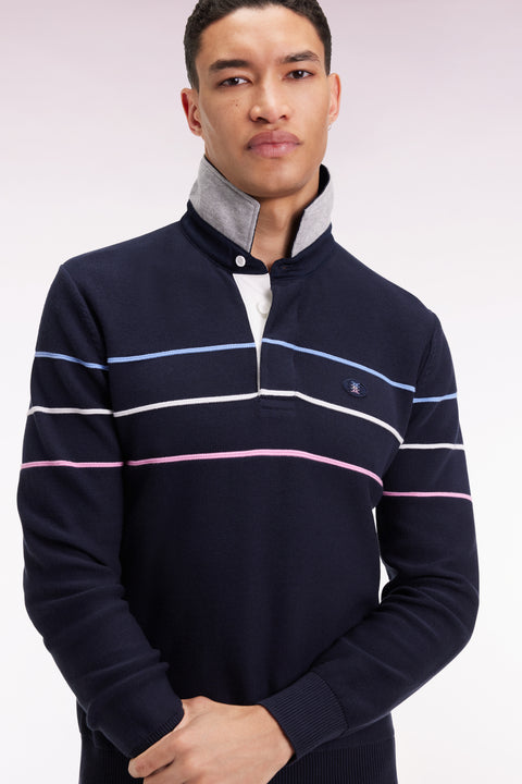 Pull col maillot en coton marine dos brodé - Image 3