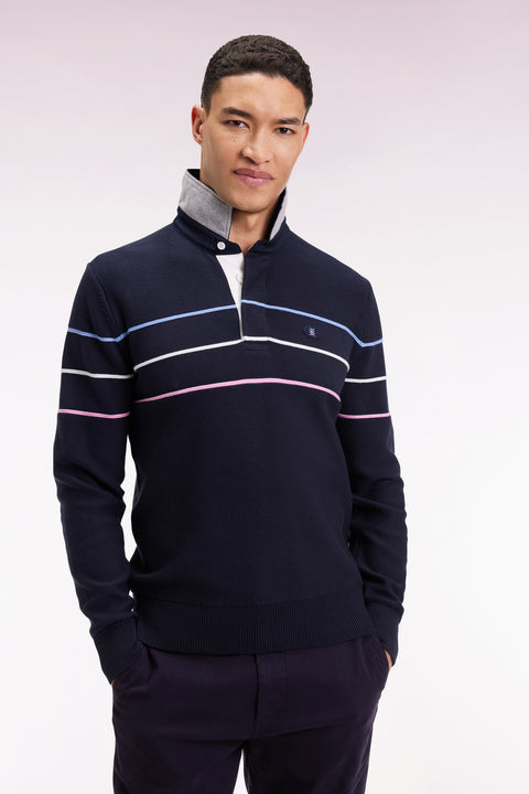 Pull col maillot en coton marine dos brodé - Image 1