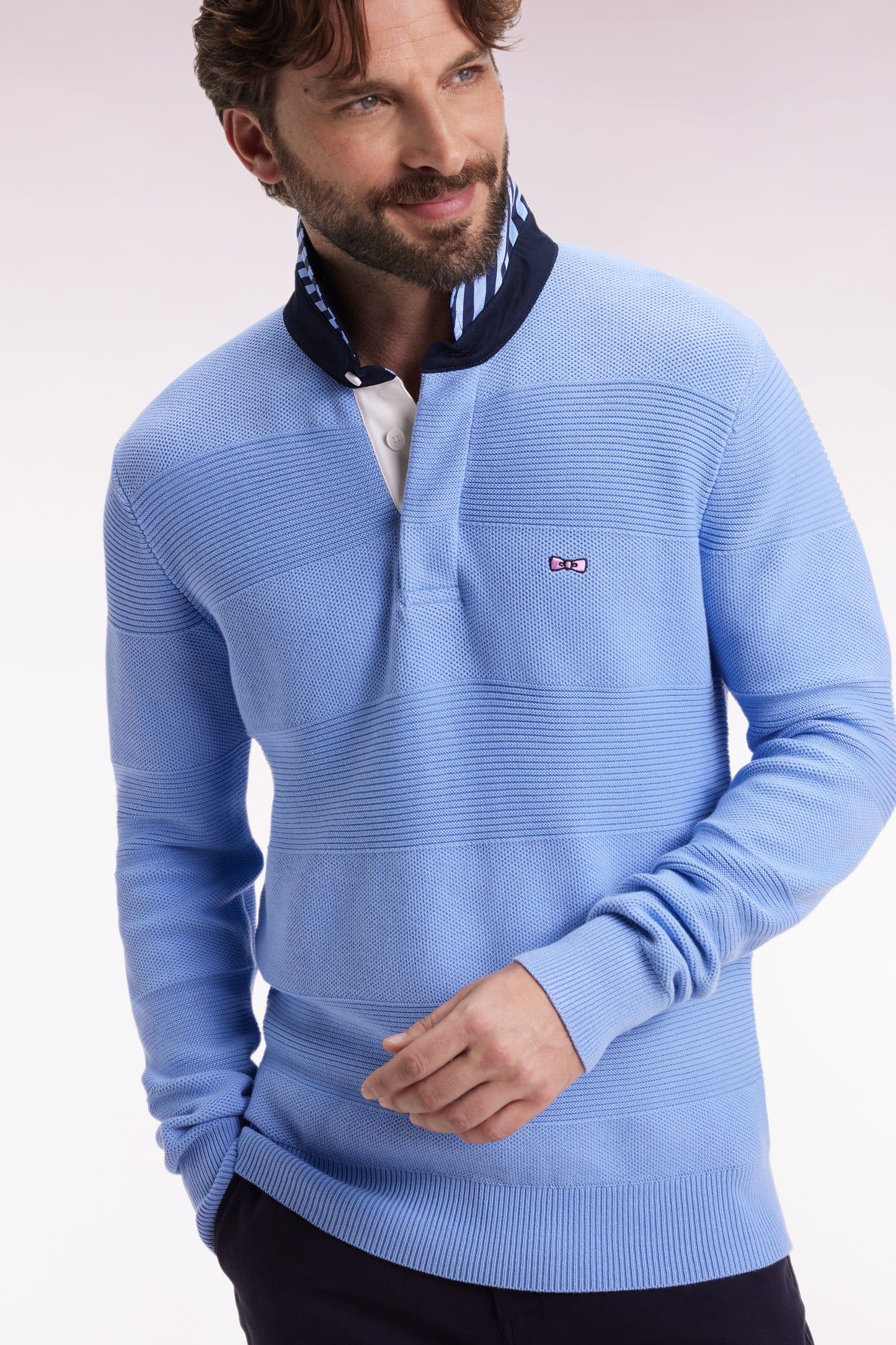 Pull col maillot en coton ciel à effet de rayure